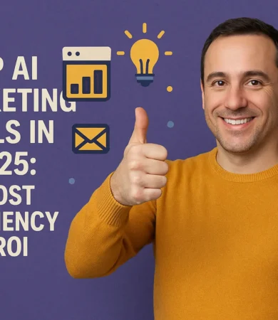 a man Orange T-shirt: a person happy with top marketing AI tools